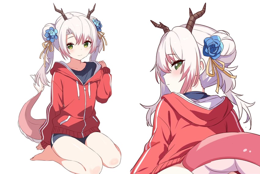 the virkyrie、yue xi 1名女孩 蓝花 脸红 垂帘发型 双团子头