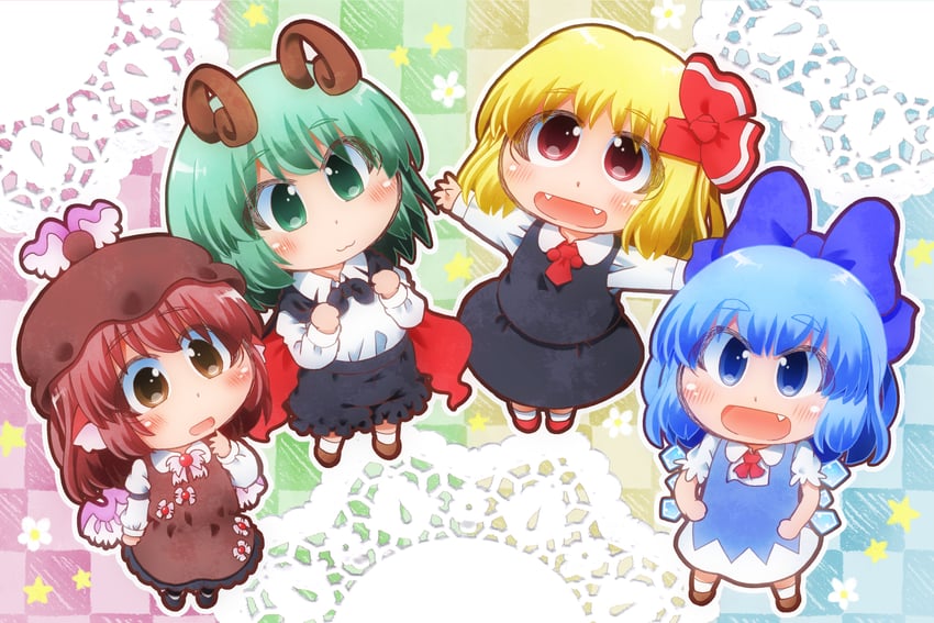 东方Project、琪露诺、米斯蒂娅·萝蕾拉 4个女孩 猫脸笑 :D 金发 蓝色背景