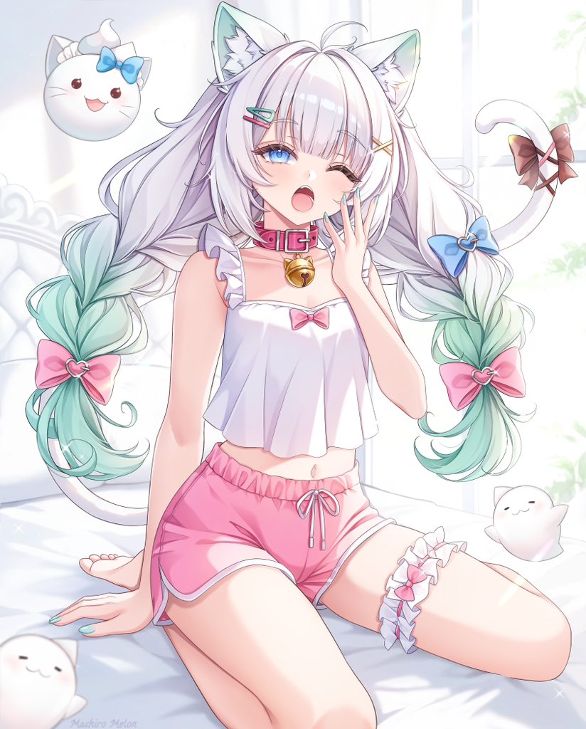 个人势虚拟主播、冥土 (Mint Fantome)、薄荷·芳托姆 (otaku) 1名女孩 呆毛 动物项圈 兽耳毛 兽耳