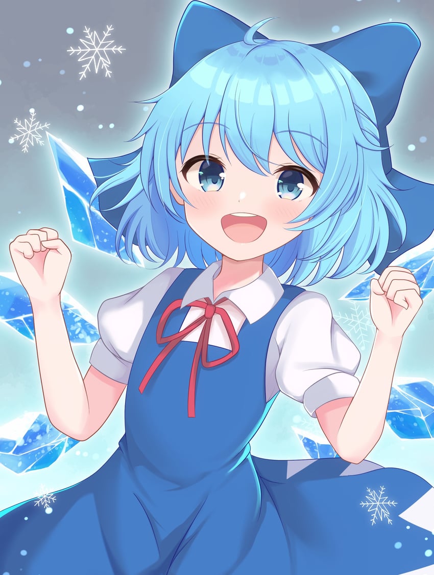 东方Project、琪露诺 1名女孩 :D 呆毛 蓝色蝴蝶结 蓝色连衣裙
