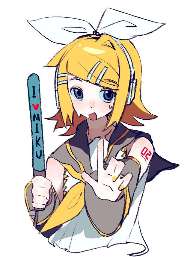 VOCALOID、镜音铃 1名女孩 金发 蝴蝶结 乳房 露肩袖