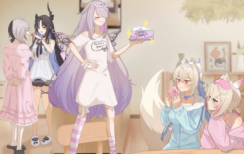 Hololive、Hololive英语、芙华瓦·阿比斯嘉德 5名女孩 兽耳 不对称腿部穿着 黑发 黑角