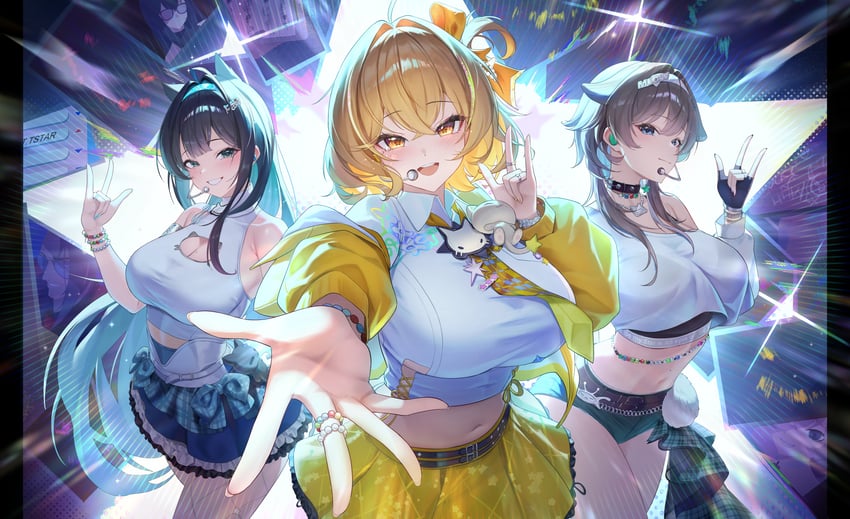 胜利女神：妮姬、阿尼斯(妮姬)、阿尼斯 (璀璨之星) (胜利女神：妮姬) 3人女子 呆毛 水蓝色发带 水蓝色发带 露肩