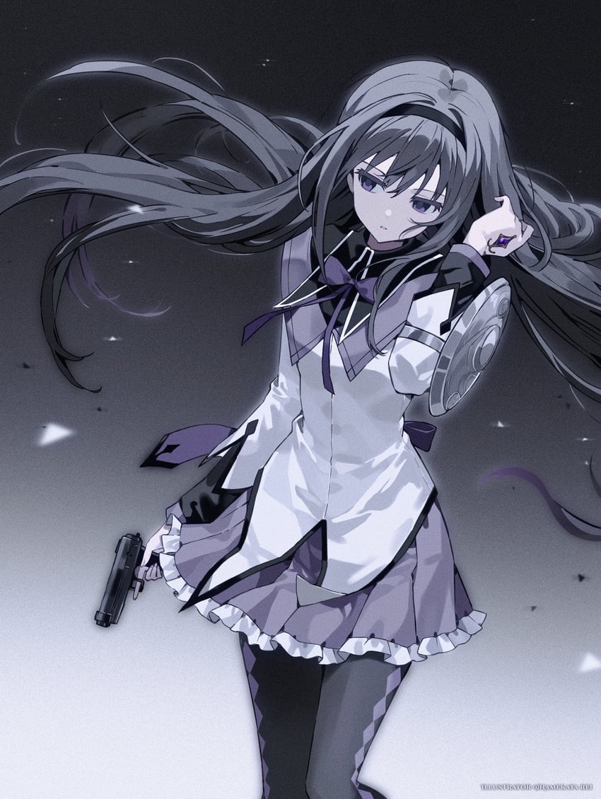 魔法少女小圆、魔法少女小圆、晓美焰 1名女孩 菱格纹衣服 菱形格纹裤袜 作者名 黑色背景