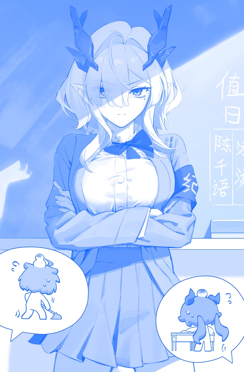 明日方舟、明日方舟：终末地、陈千语 (明日方舟) 3人女子 替换服装 臂章 蓝色主题 乳房