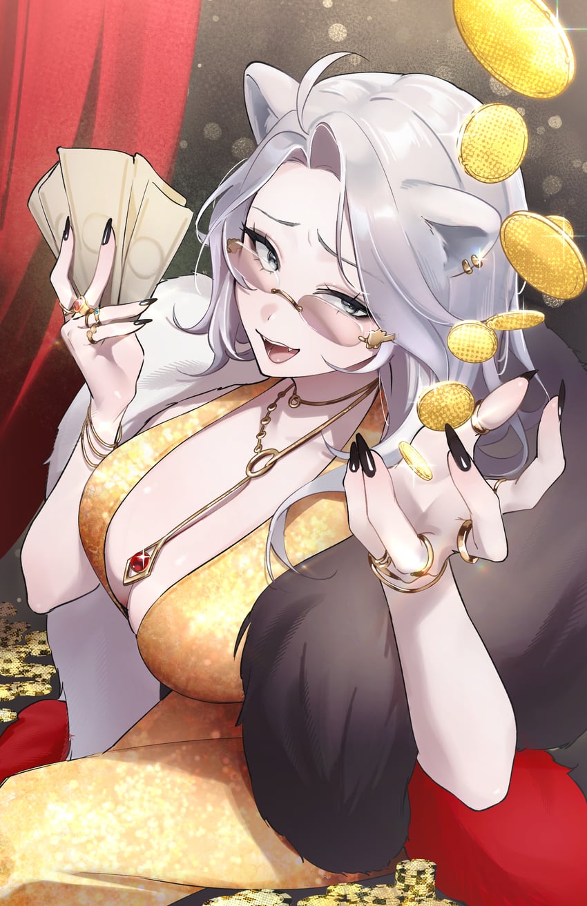 Hololive、狮白牡丹 1名女孩 :D 呆毛 兽耳穿孔 兽耳