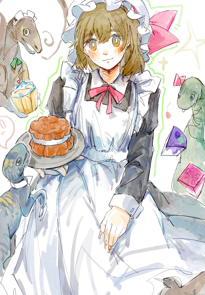 原创 1名女孩 猫脸笑 围裙 黑色连衣裙 脸红
