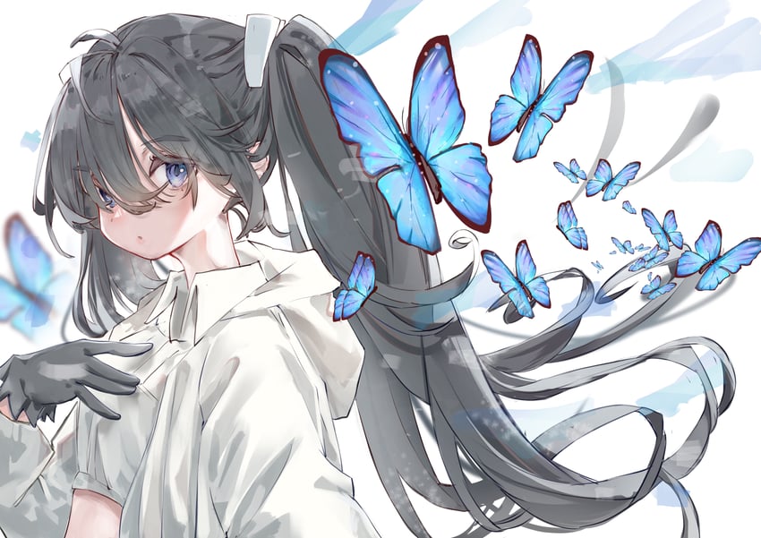 原创 1名女孩 黑色手套 黑发 蓝蝴蝶 蓝眼