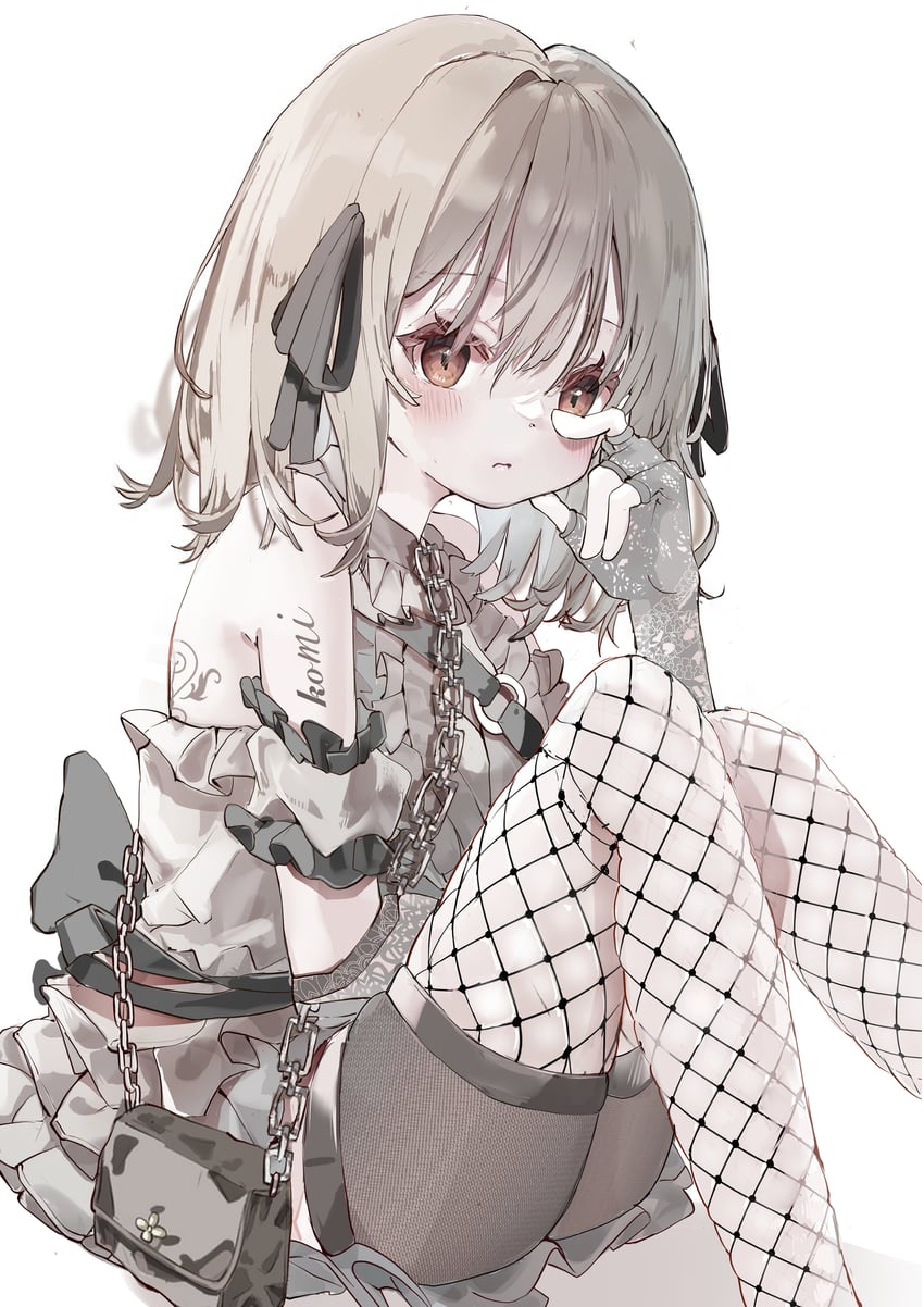 原创 1名女孩 臂带 包 黑色丝带 金发