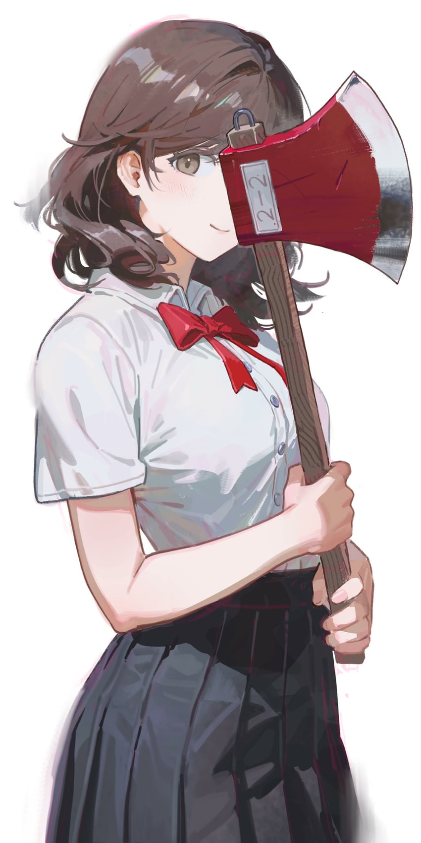原创 1名女孩 斧头 黑色裙子 脸红 蝴蝶结