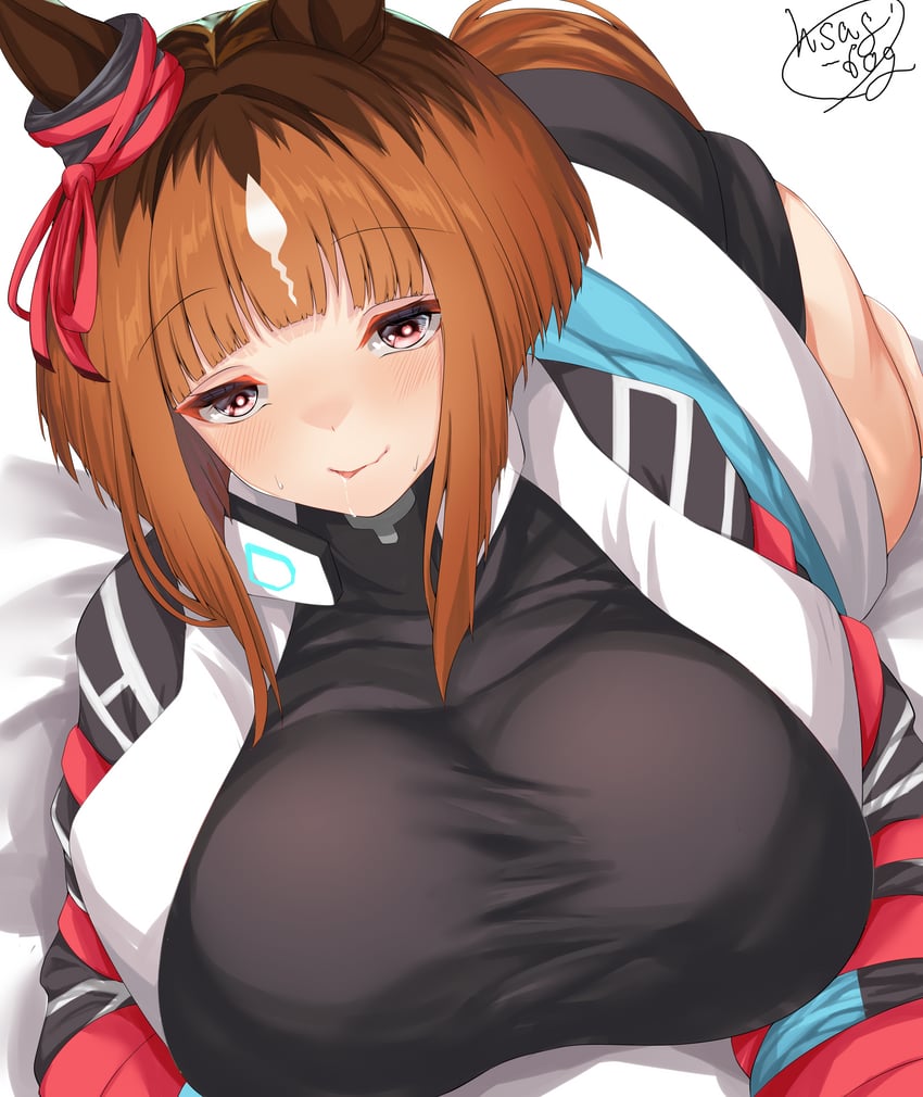 赛马娘、真弓快车 (赛马娘)、真机伶 (赛马娘) 1名女孩 四肢着地 兽耳 黑衬衫 脸红