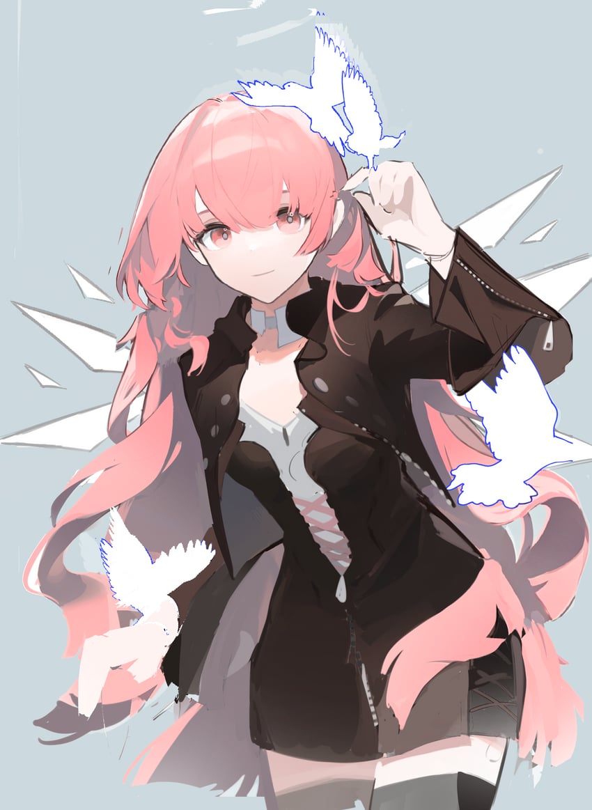 明日方舟、蕾缪安 (明日方舟) 1名女孩 鸟 黑色夹克 闭嘴 牛仔镜头