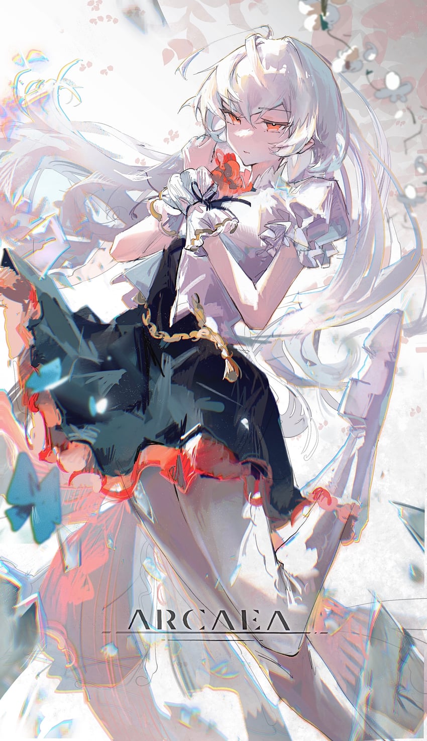 韵律源点 Arcaea、光 (Arcaea)、光（重逢）（音弧） 1名女孩 黑色连衣裙 蓝蝴蝶 虫子 蝴蝶