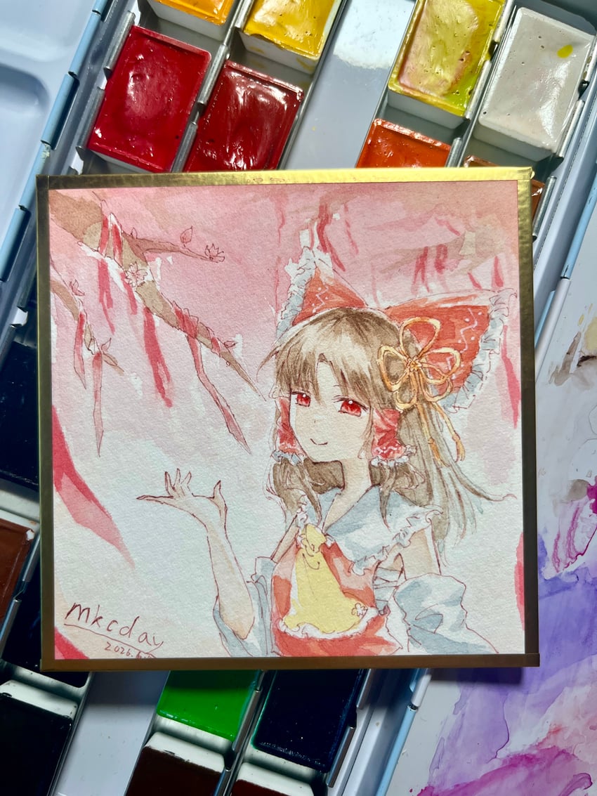 东方Project、博丽灵梦 1名女孩 画面内含画具 作者名 阿斯科特领巾 蝴蝶结