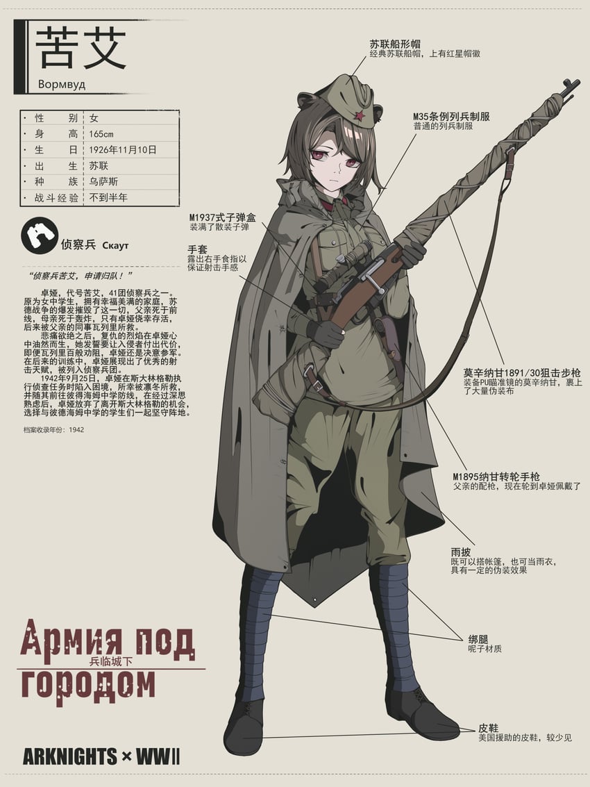 明日方舟、苦艾 (明日方舟) 1名女孩 兽耳 中文文本 枪 军事