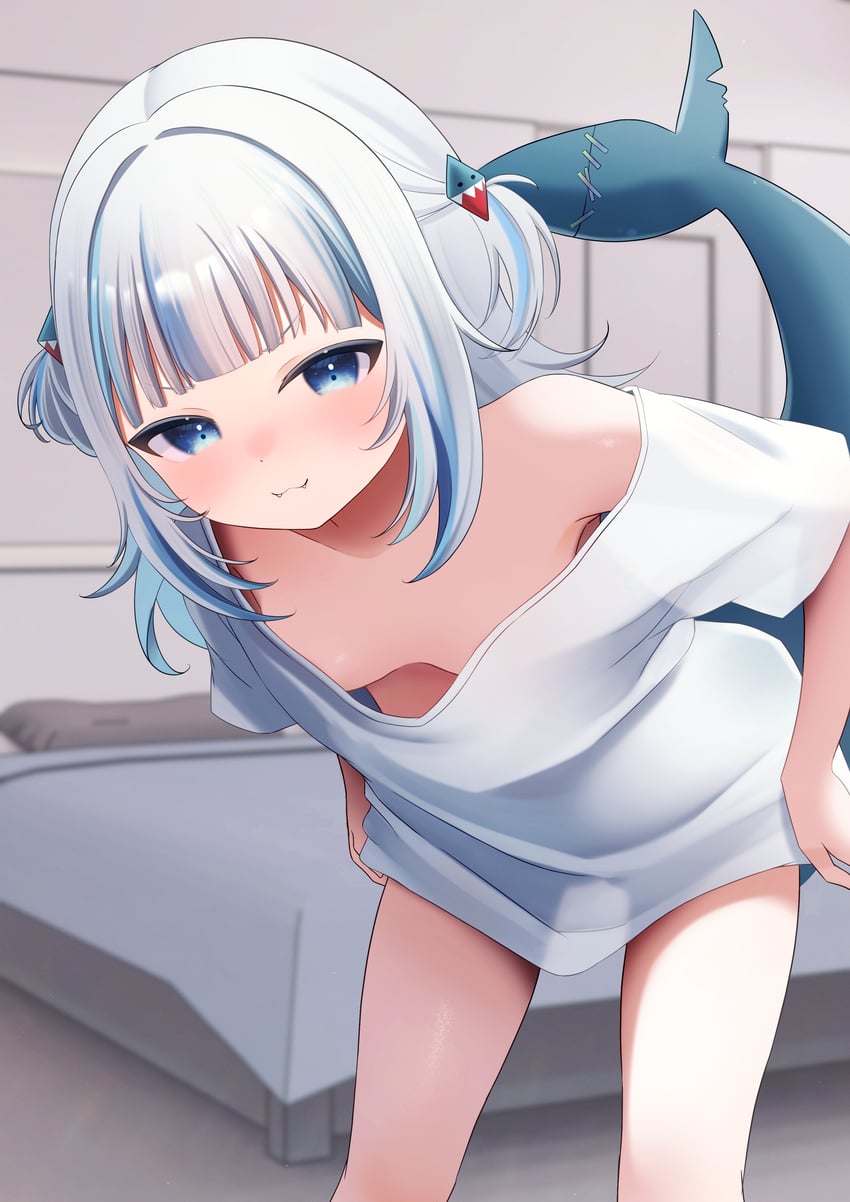 Hololive、Hololive英语、噶呜·古拉 1名女孩 猫脸笑 床 卧室 蓝眼