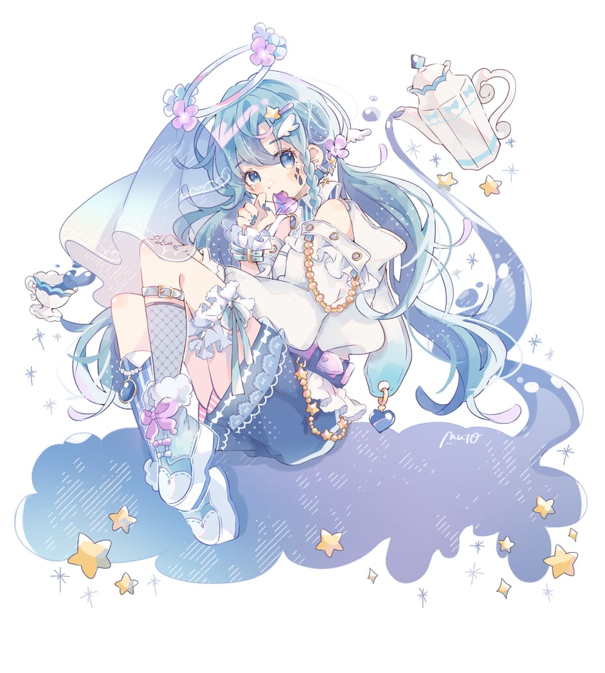 原创 1名女孩 不对称腿部穿着 露肩 蓝眼 蓝发