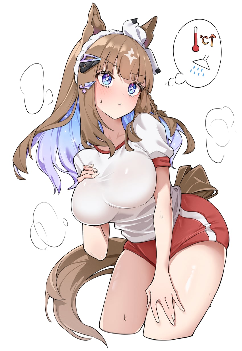 杏目 (赛马娘) 1名女孩 兽耳 蓝眼 脸红 蝴蝶结