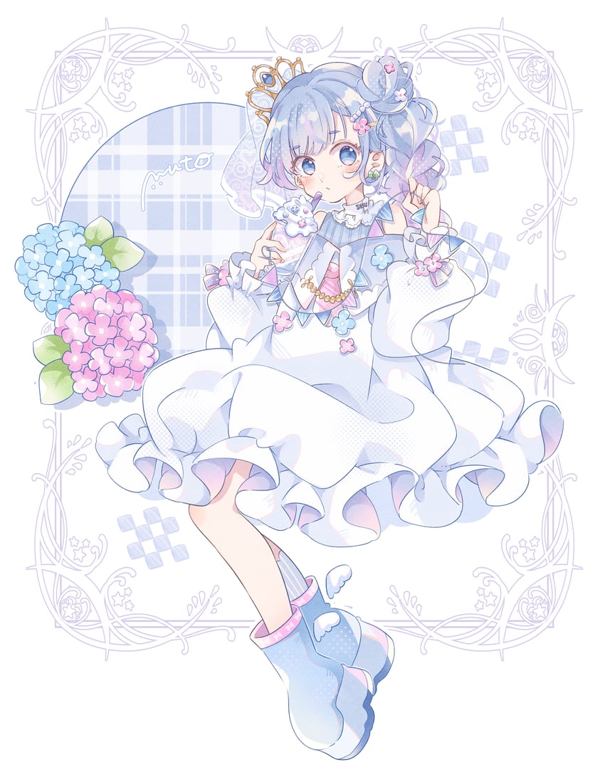 原创 1名女孩 蓝色靴子 蓝眼 蓝花 蓝发