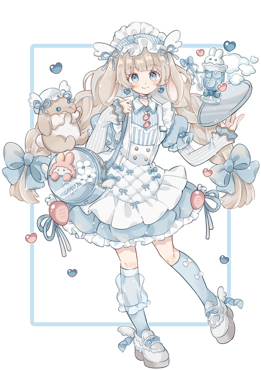 原创 1名女孩 围裙 包 金发 蓝色蝴蝶结