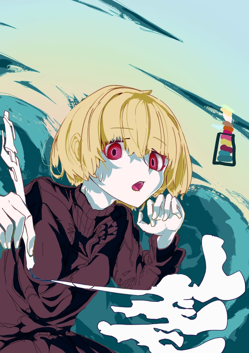原创 1名女孩 金发 棕色毛衣 发丝垂在眼睛之间 手持