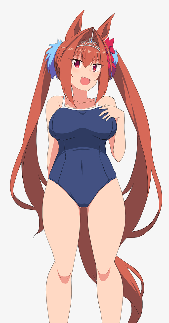 赛马娘、大和赤骥 (赛马娘) 1名女孩 兽耳 裸臂 露肩 蓝色连体泳衣