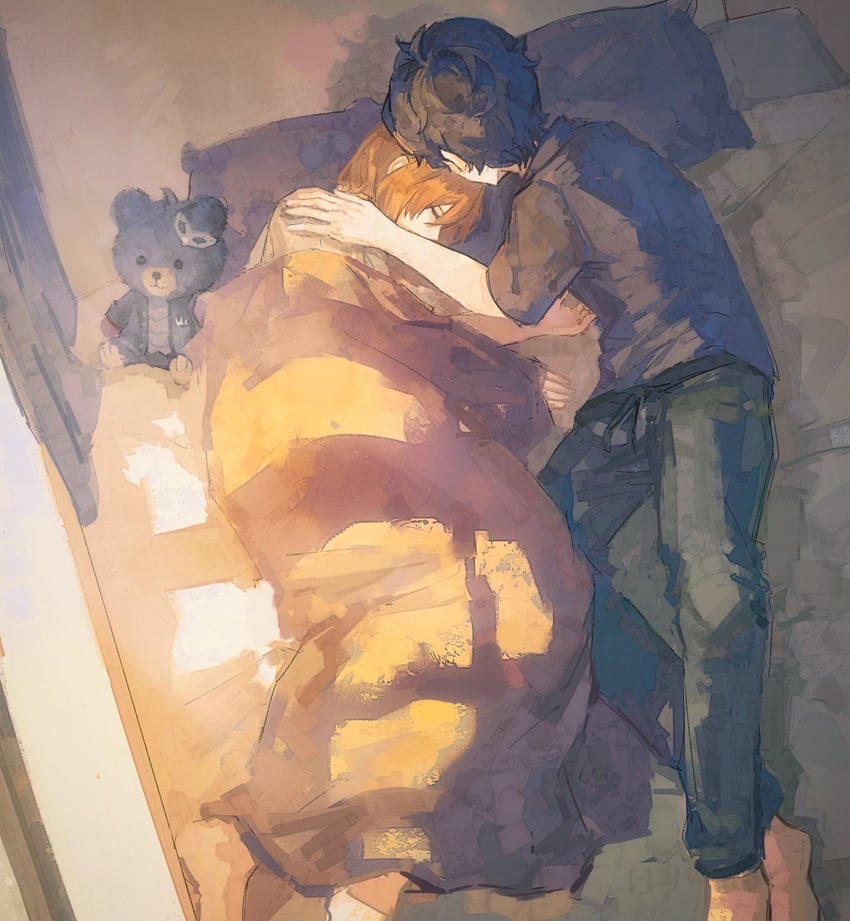 女神异闻录、女神异闻录5、明智吾郎 2个男孩 赤脚 床 黑发 黑衬衫