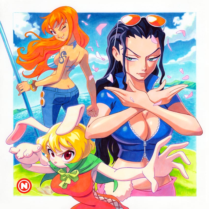 海贼王、加洛特 (海贼王)、娜美 (海贼王) 3人女子 兽耳 黑发 金发 蓝眼