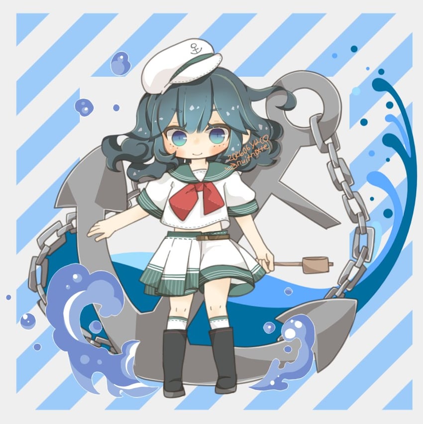 东方Project、村纱水蜜 1名女孩 锚 锚点印花 黑色蝴蝶结 蓝色背景