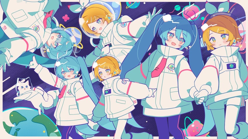 VOCALOID、初音未来、镜音铃 2名女孩 水色发 金发 蝴蝶结 猫