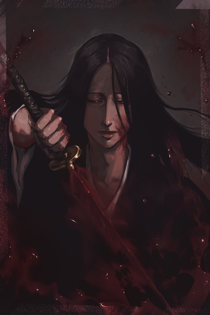 死神、卯之花烈 1名女孩 黑发 血 脸上带血 手上的血