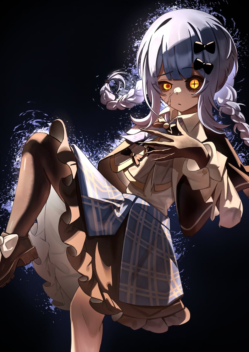 魔法少女的小镇审判、立花雪莉 1名女孩 不对称腿部穿着 黑色背景 黑色蝴蝶结 黑色蝶形领结