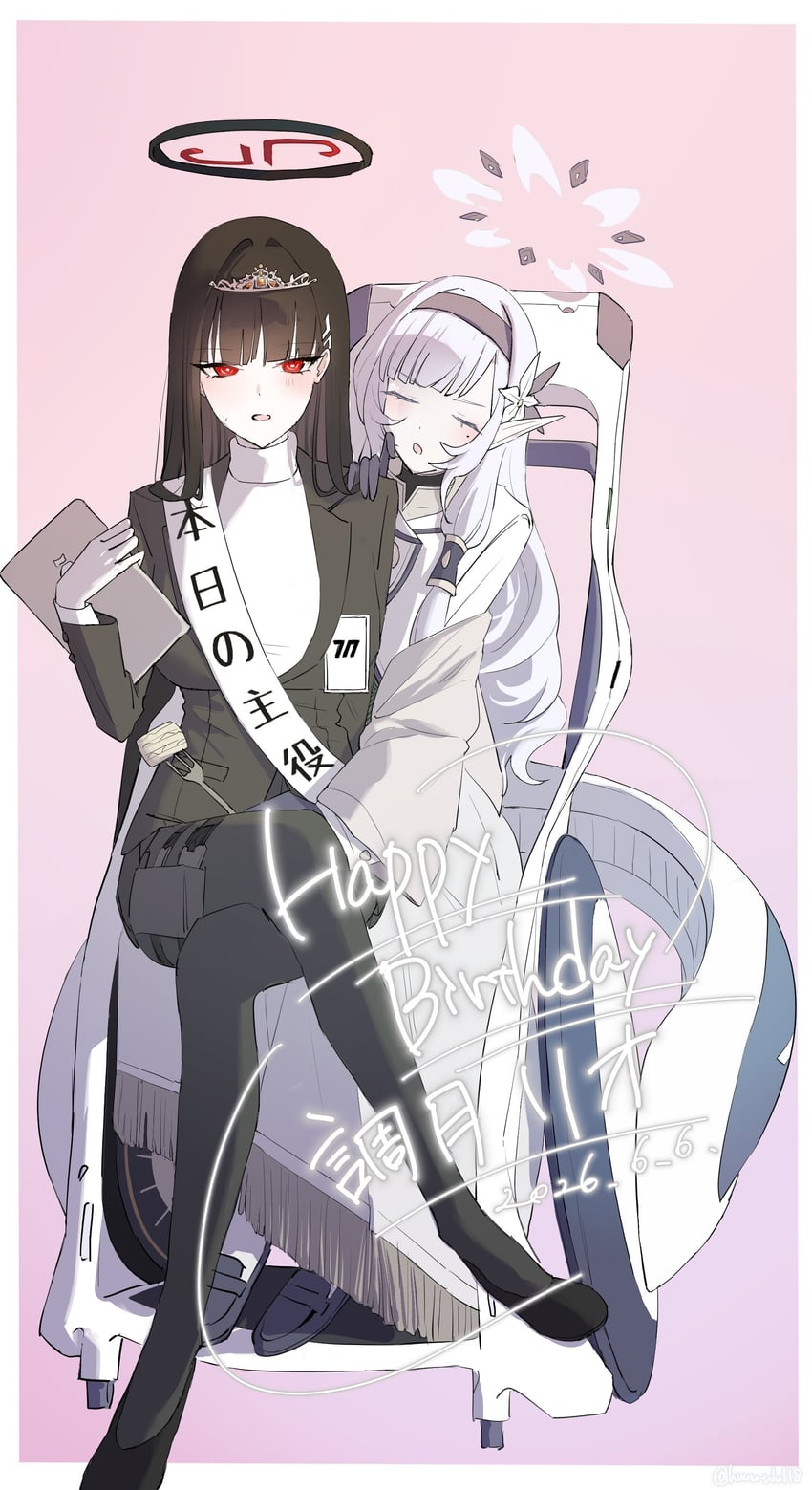 蔚蓝档案、明星日鞠 (蔚蓝档案)、莉央 (碧蓝档案) 2名女孩 生日 黑色手套 黑发 黑色光环