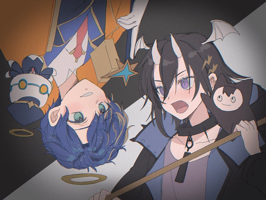 才不是恶魔呢 (Vocaloid)、HOLOSTARS、阿斯特尔·瑞达 2个男孩 黑领 黑发 黑色夹克 金色挑染