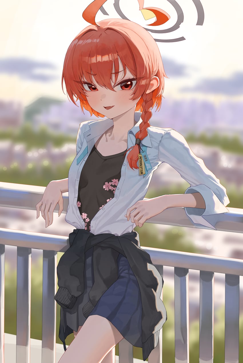 蔚蓝档案、美甘宁瑠 (蔚蓝档案)、宁瑠 (校服) (蔚蓝档案) 1名女孩 靠在栏杆上 呆毛 黑色光环 黑色夹克