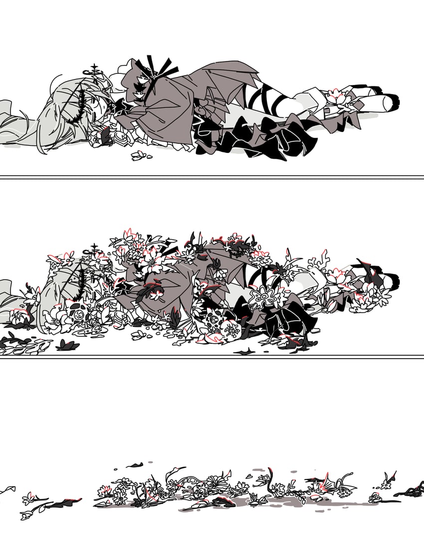 明日方舟、斯卡蒂 (明日方舟)、浊心斯卡蒂(明日方舟) 1名女孩 三格漫画 阿斯科特领巾 蝴蝶结 闭眼