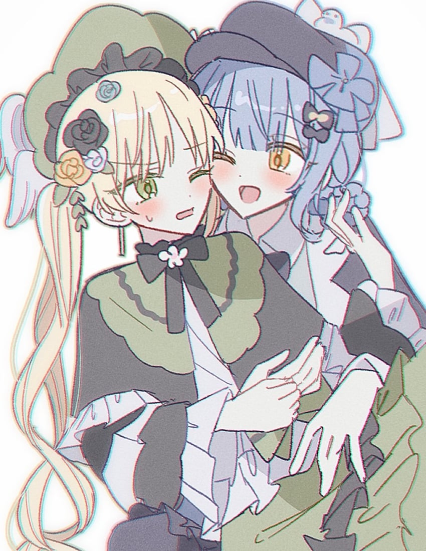 魔法少女的小镇审判、立花雪莉 2名女孩 帽子上的鸟饰 黑色蝴蝶结 黑色蝶形领结 黑色小披肩