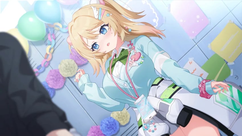 Muv-Luv、Muv-Luv Girls Garden、指挥官 (女子花园) 1名男孩 1名女孩 水蓝色指甲 水蓝色针织背心 气球