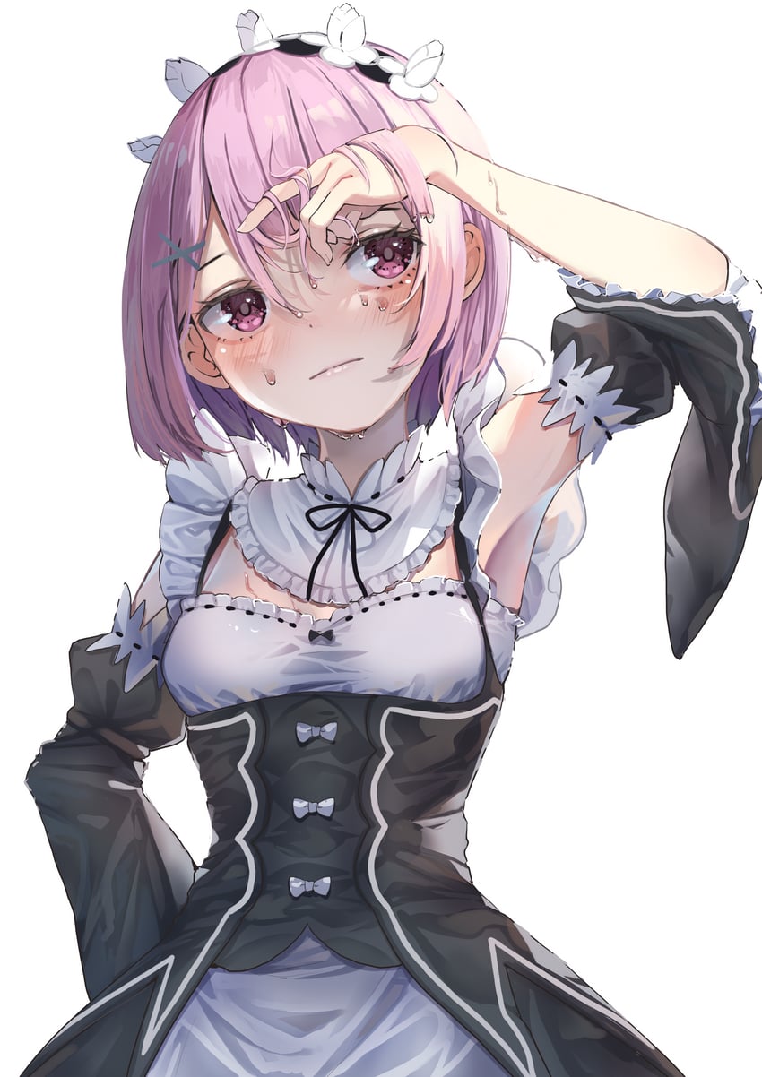 Re:从零开始的异世界生活、拉姆 (Re:Zero) 1名女孩 腋下 黑色丝带 脸红 乳房