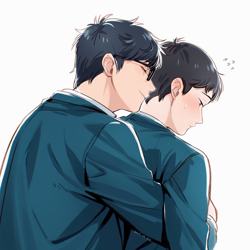 二次元插画 2个男孩 黑框眼镜 黑发 蓝色夹克 脸红