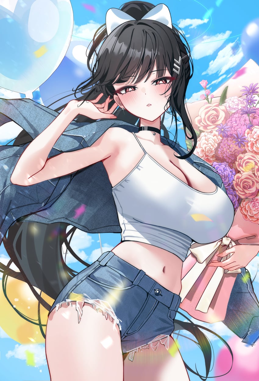 蔚蓝档案、莉央 (碧蓝档案) 1名女孩 黑发 脸红 乳房 亮瞳