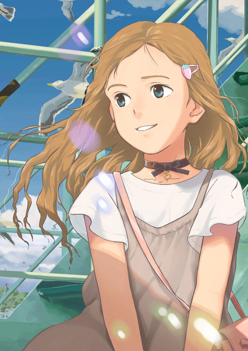 原创 1名女孩 鸟 黑色项圈 蓝眼 蓝天