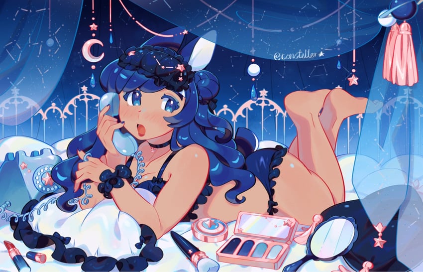 原创、狄俄涅（星座师） 1名女孩 兽耳 古董电话 黑色项圈 蓝眼