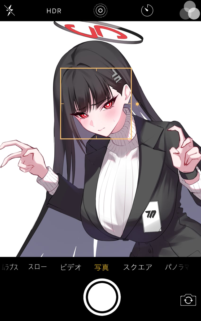 蔚蓝档案、莉央 (碧蓝档案) 1名女孩 荒谬的长发 黑发 黑色夹克 黑色连裤袜