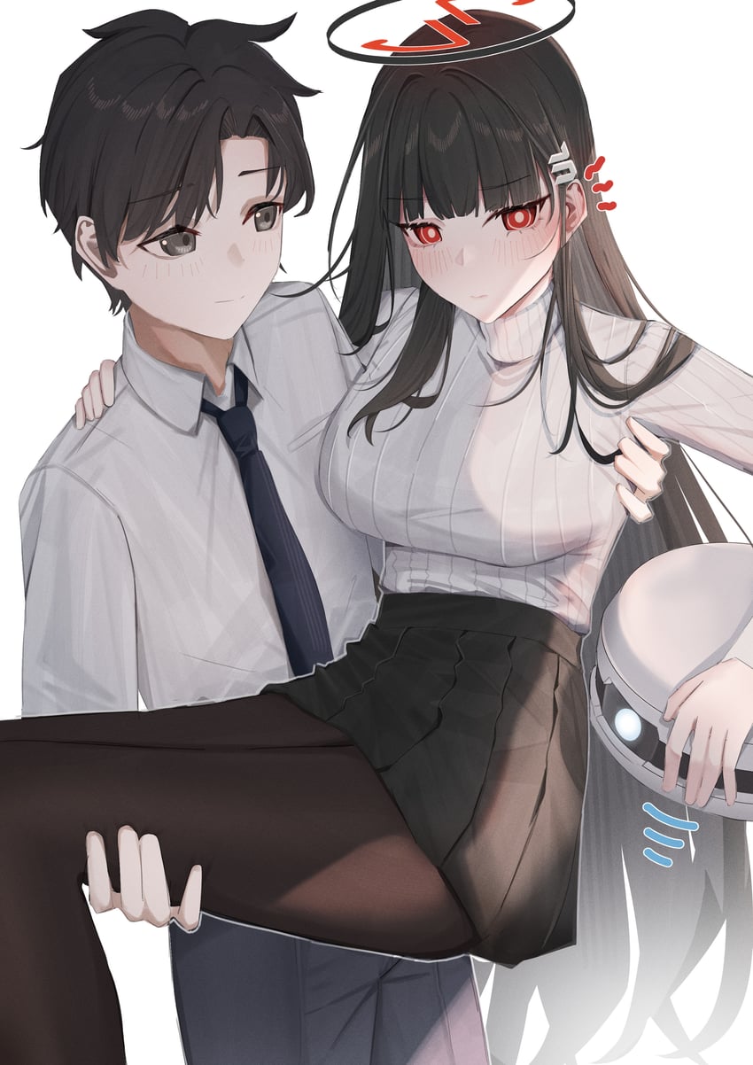 蔚蓝档案、莉央 (碧蓝档案)、老师（蔚蓝档案） 1名男孩 1名女孩 黑发 黑色光环 黑色领带