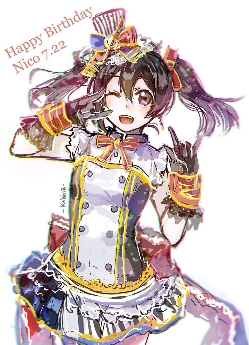 Love Live!、矢泽妮可 1名女孩 :D 摇滚手势 作者名 后背蝴蝶结