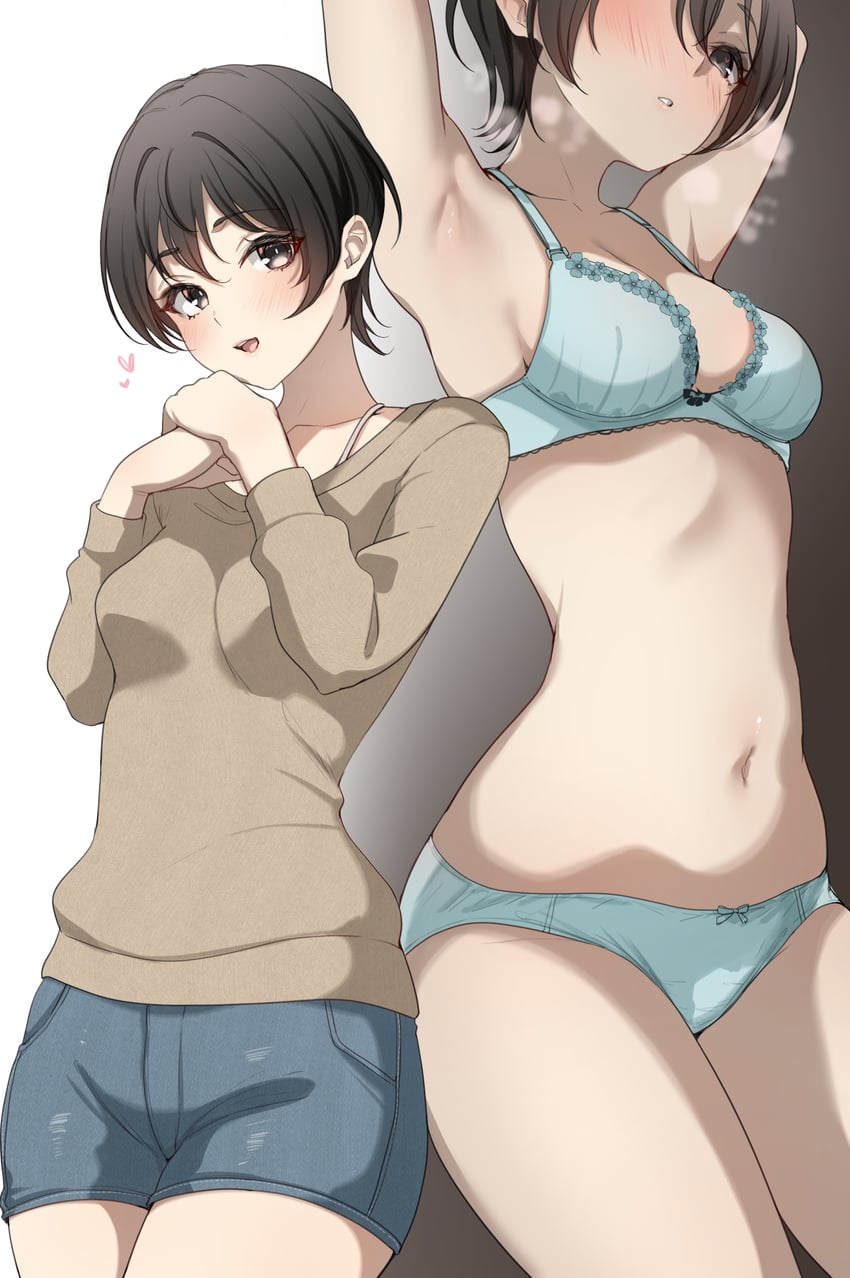 二次元插画 1名女孩 腋下 举起双手 黑瞳 黑发
