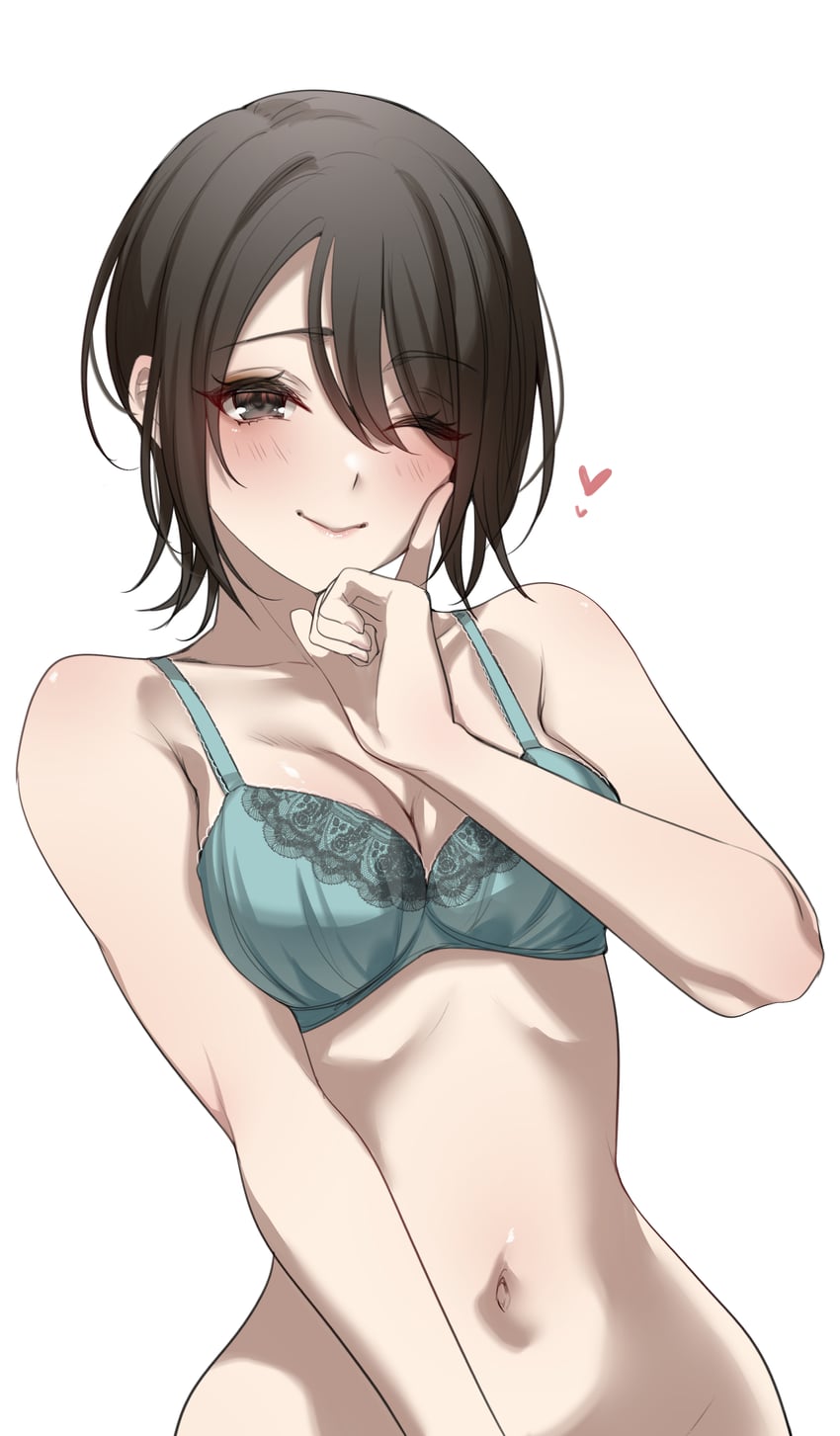 二次元插画 1名女孩 黑瞳 黑发 蓝色胸罩 脸红