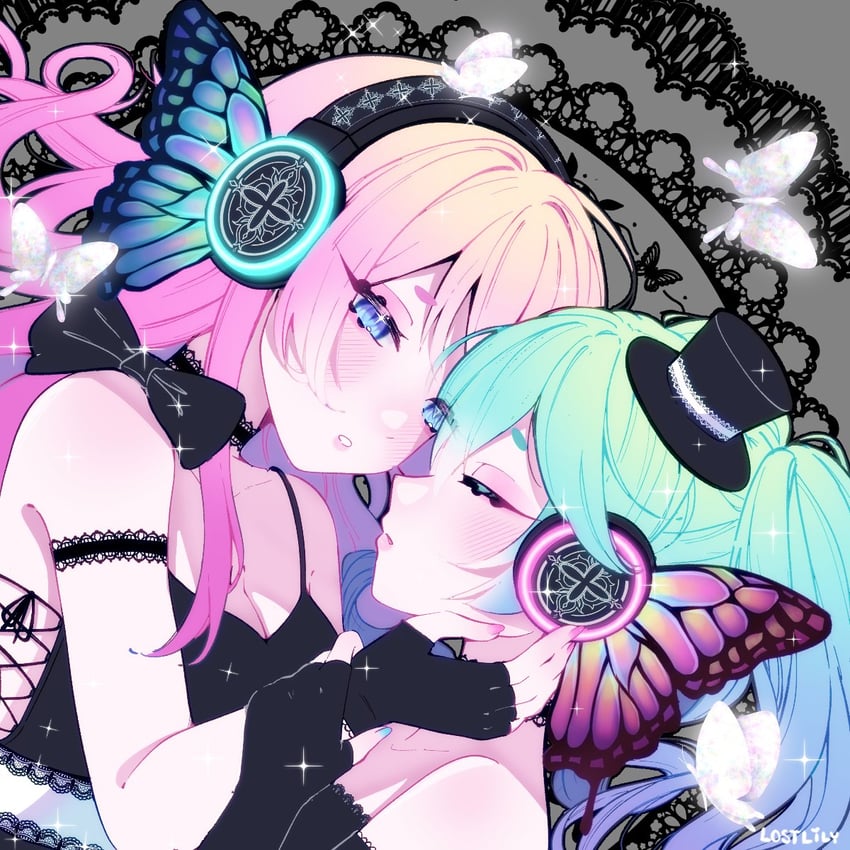 Magnet (Vocaloid)、VOCALOID、初音未来 2名女孩 水蓝色指甲 臂章 露肩 黑色臂章