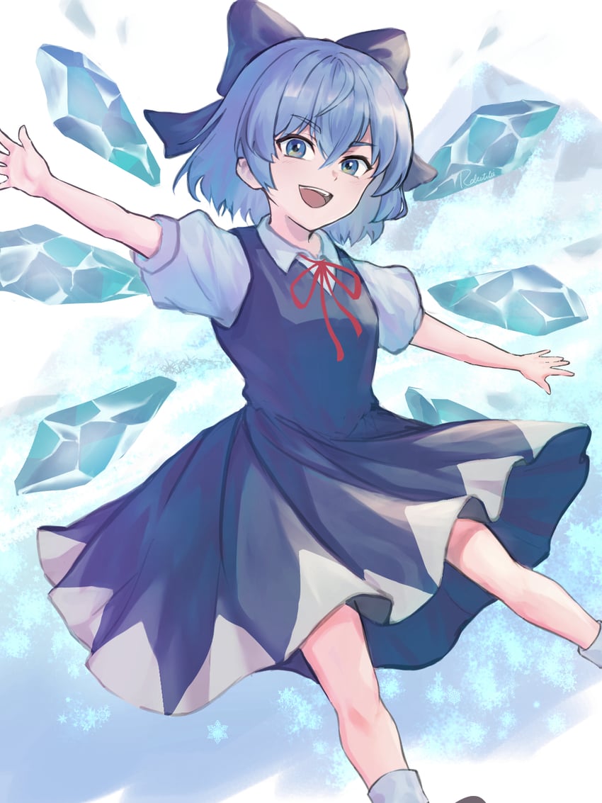 东方Project、琪露诺 1名女孩 :D 蓝色蝴蝶结 蓝色连衣裙 蓝眼